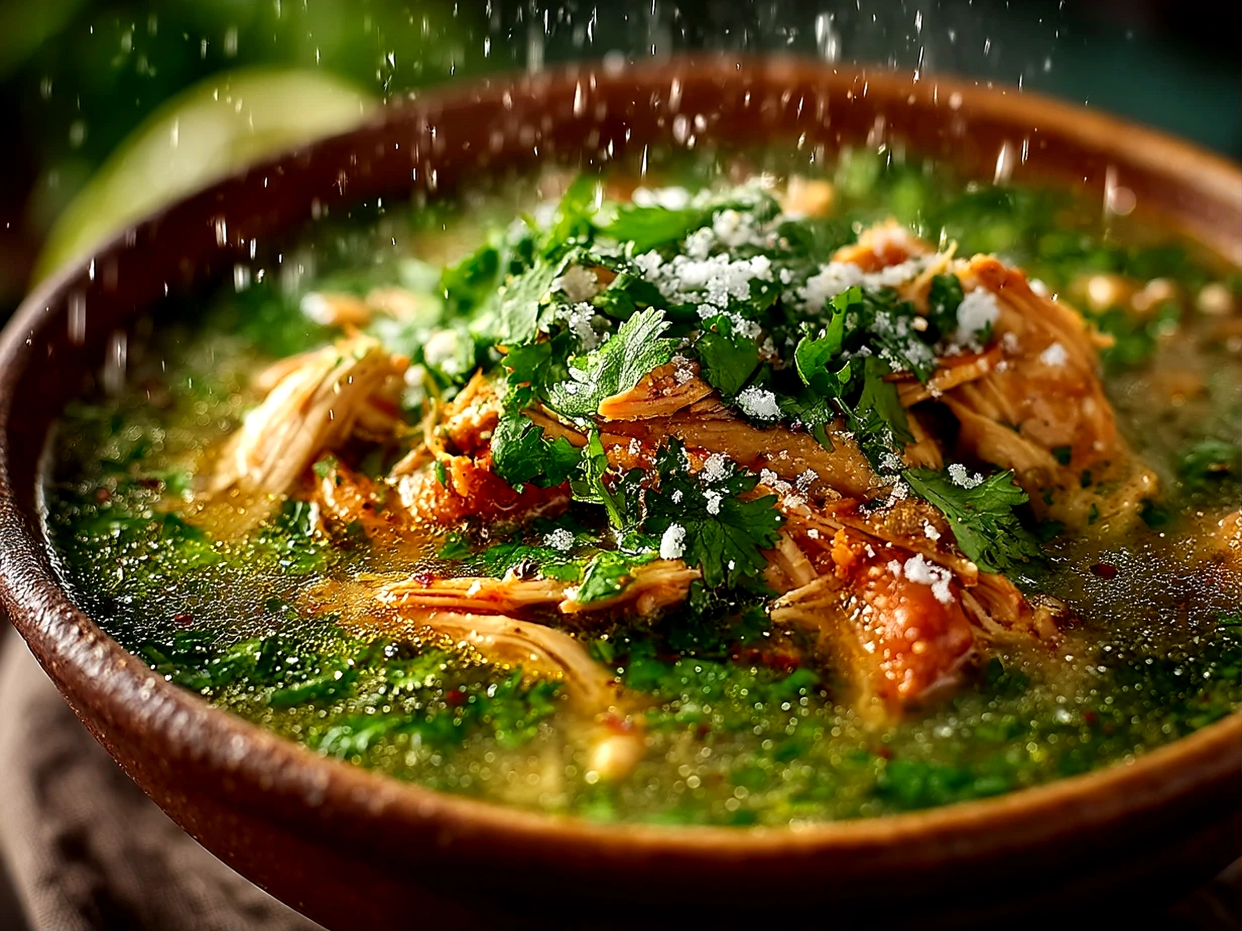 Steaming bowl of authentic Crockpot Chicken Pozole Verde