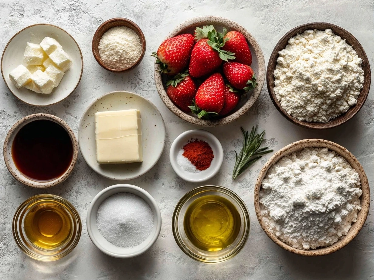 Ingredients for Strawberry Crunch Cookies laid out on a table