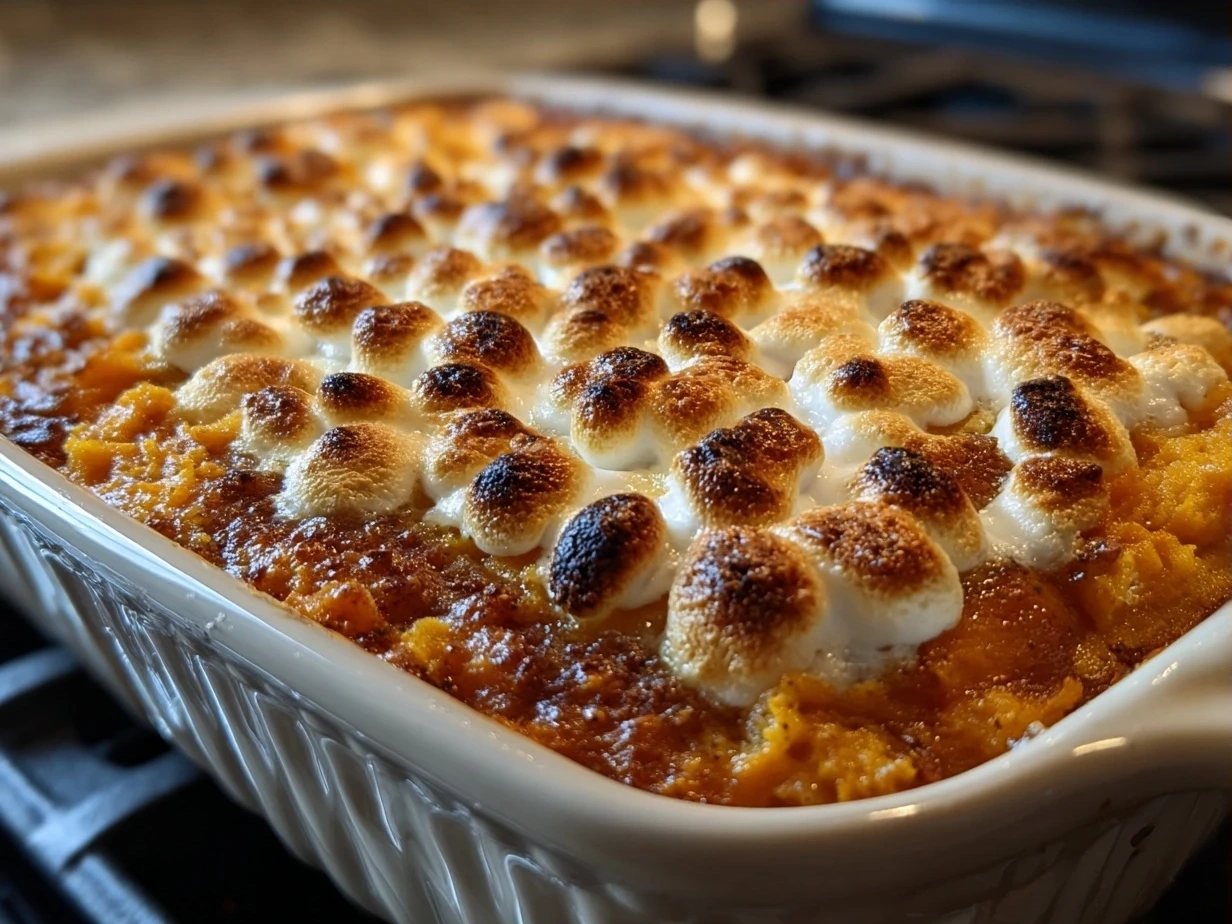 Finished Sweet Potato Casserole ready to serve, with crunchy pecan topping and marshmallows