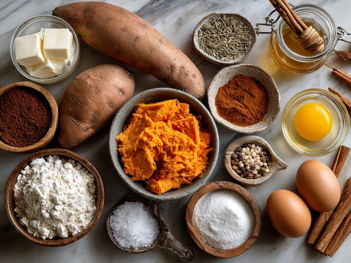 Ingredients for Sweet Potato Casserole with sweet potatoes, brown sugar, pecans, marshmallows and spices