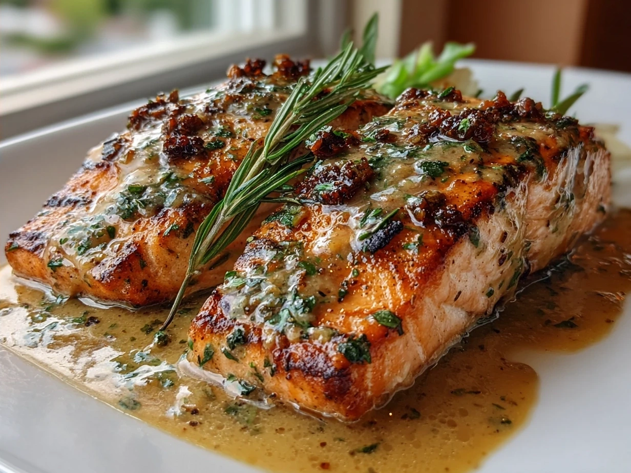 Plated Tahini Honey Poached Salmon garnished with parsley and lemon slices