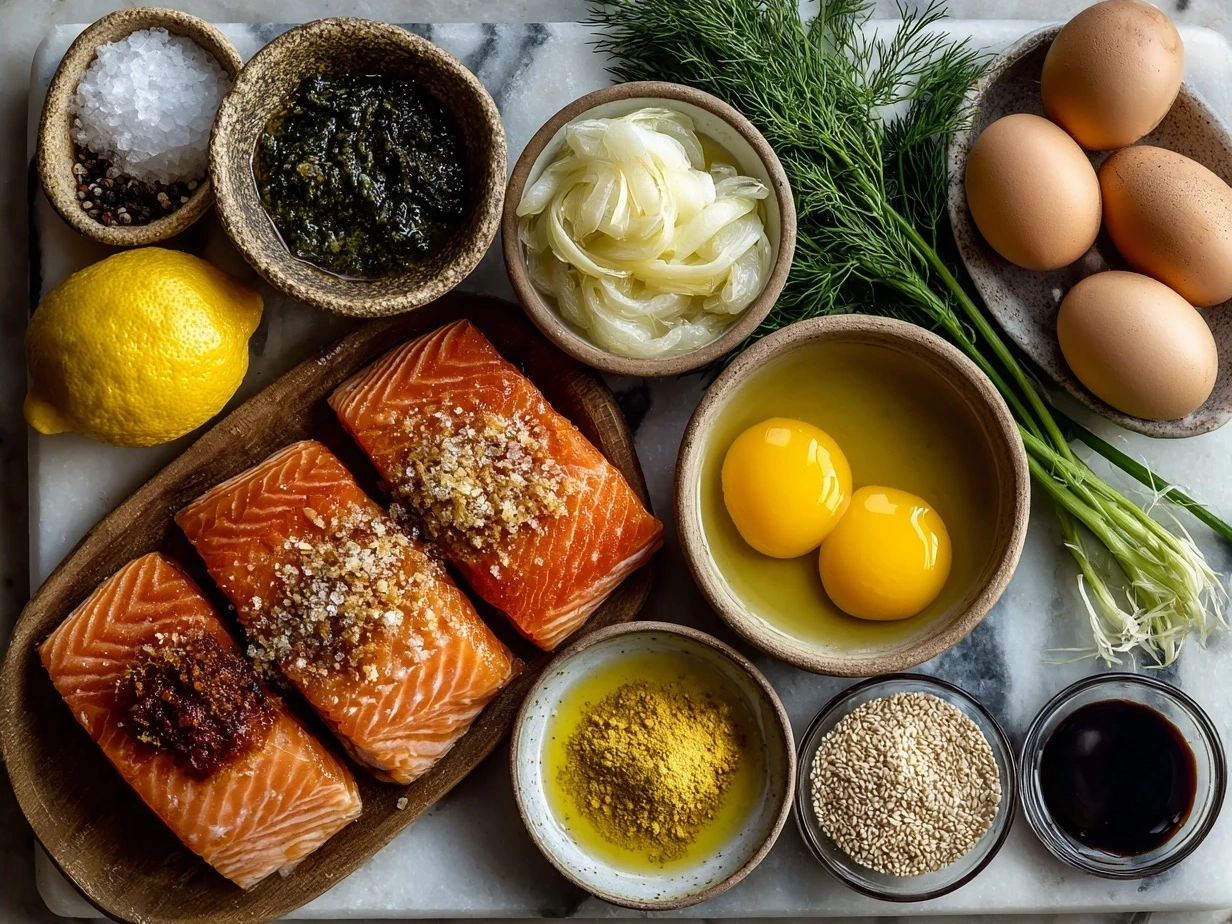 Ingredients for Tahini Honey Poached Salmon on a wooden table with tahini, honey, spices, lemon, and salmon fillets