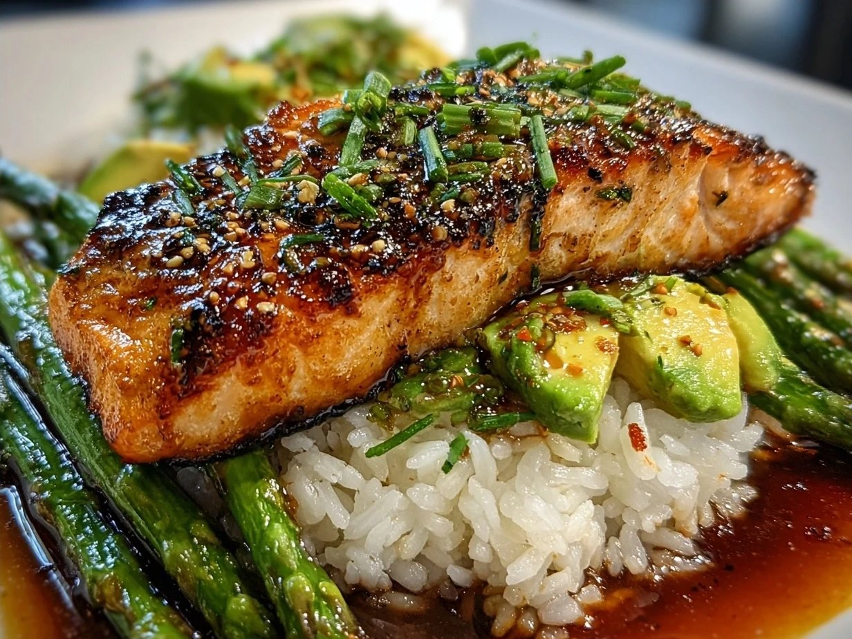 Final plated Teriyaki Salmon Avocado Rice bowl with sesame seeds and scallions