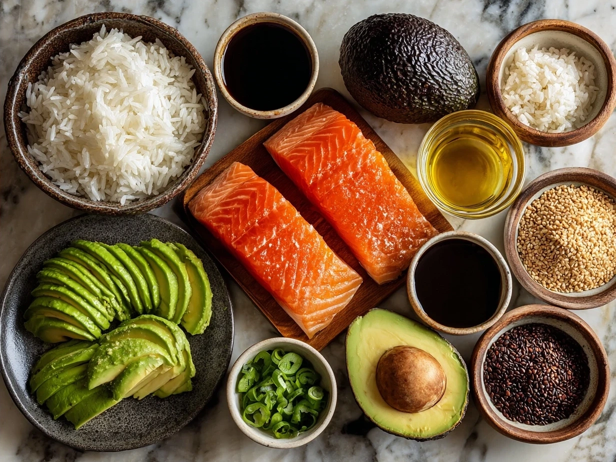 Ingredients for Teriyaki Salmon Avocado Rice laid out on kitchen counter