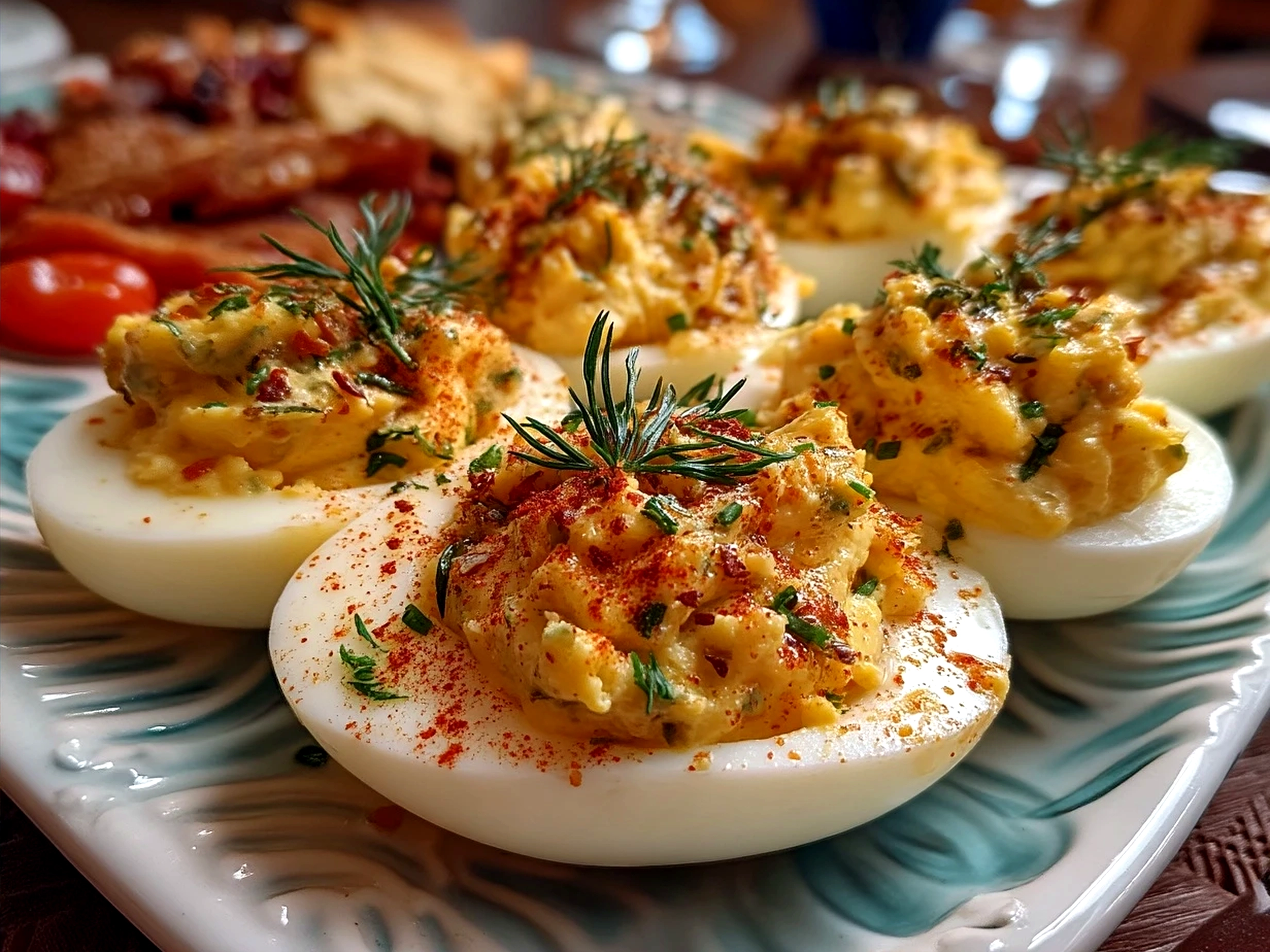 Finished Thanksgiving Deviled Eggs arranged on a ceramic tray garnished with fresh chives and smoked paprika