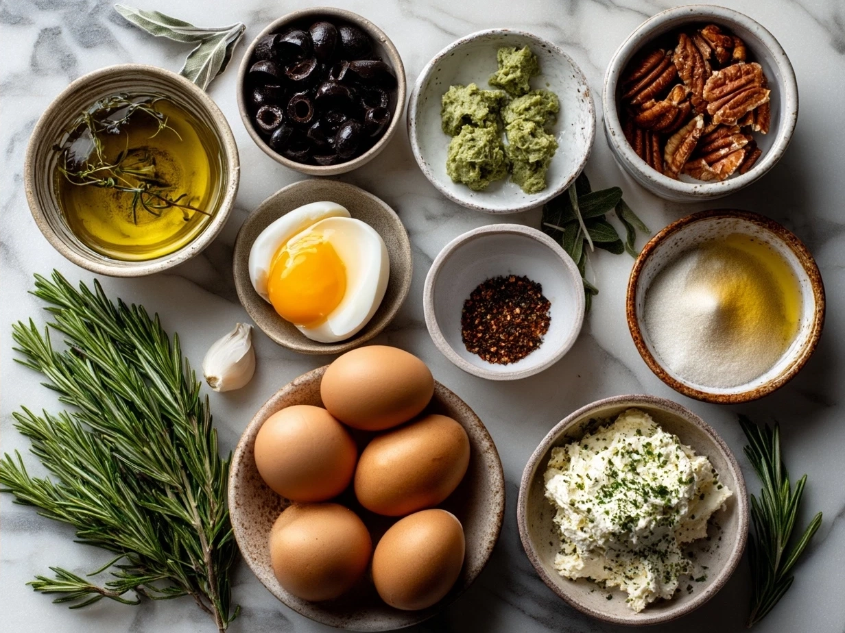 Ingredients for Thanksgiving Deviled Eggs arranged on a rustic table