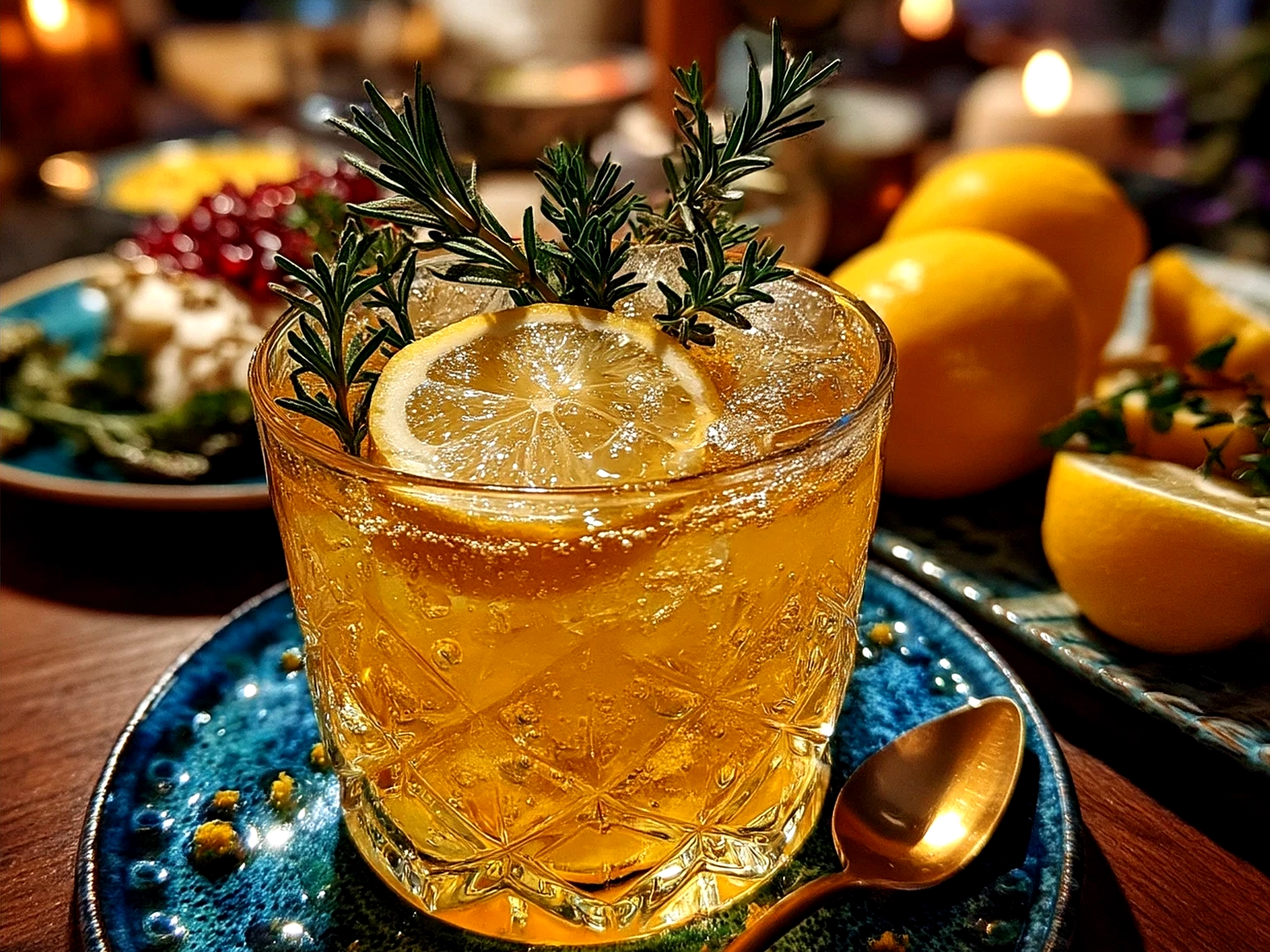 A festive glass of Thanksgiving Mocktail garnished with cranberries and rosemary on a holiday table