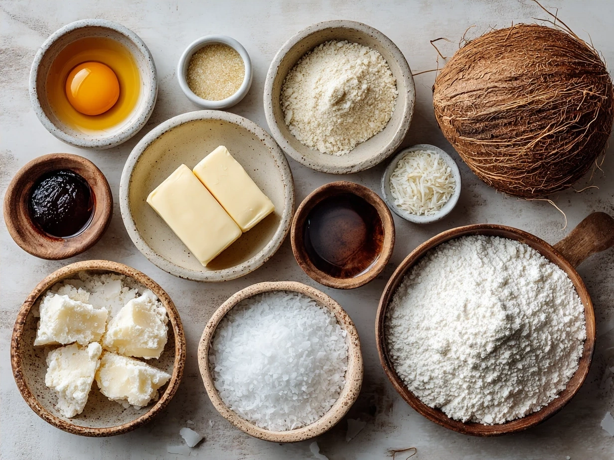 Ingredients for making toasted coconut shortbread cookie including butter, powdered sugar, flour, shredded coconut, salt, and vanilla extract
