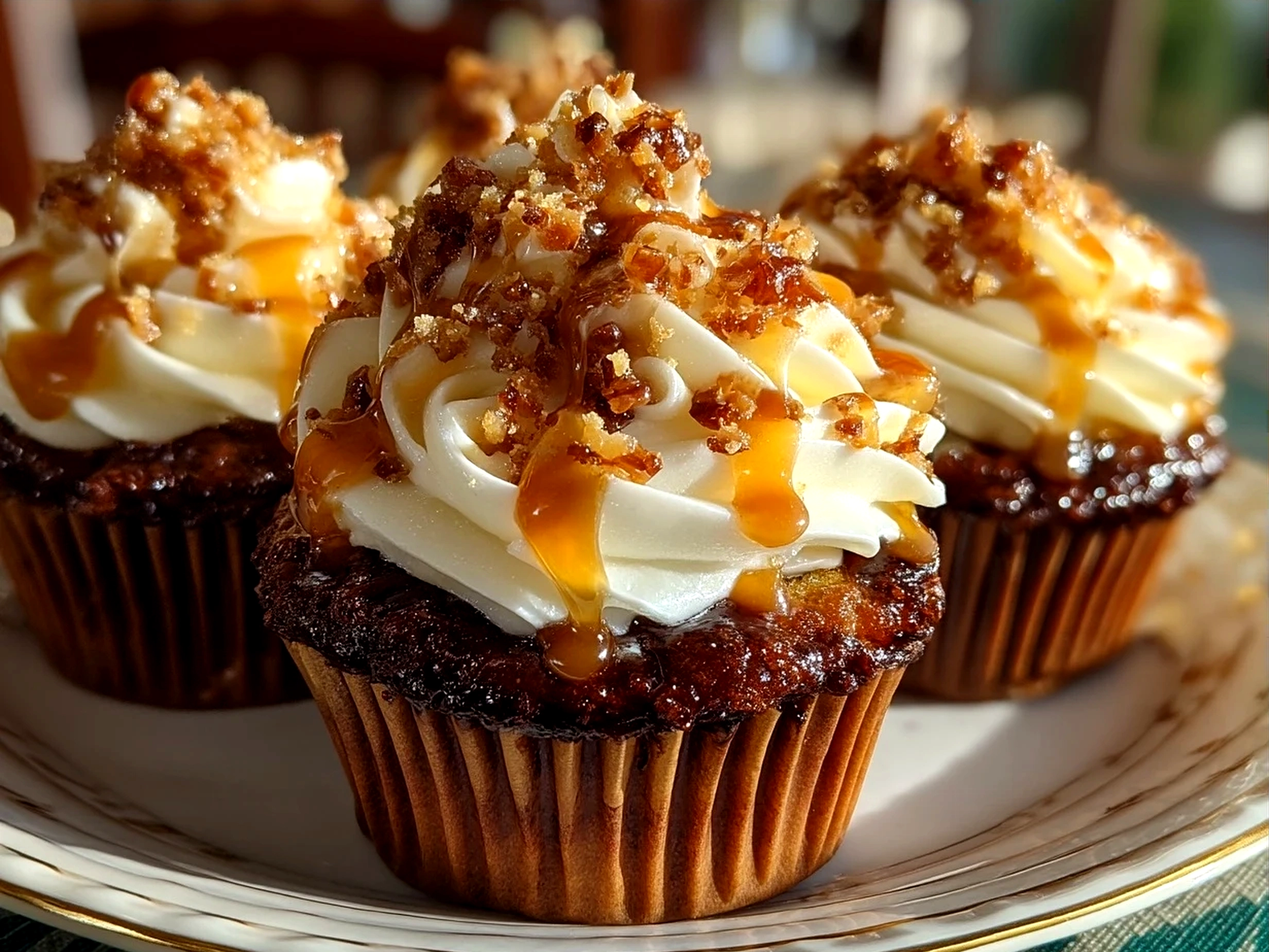 Toffee Crunch Cupcakes beautifully plated and ready to serve