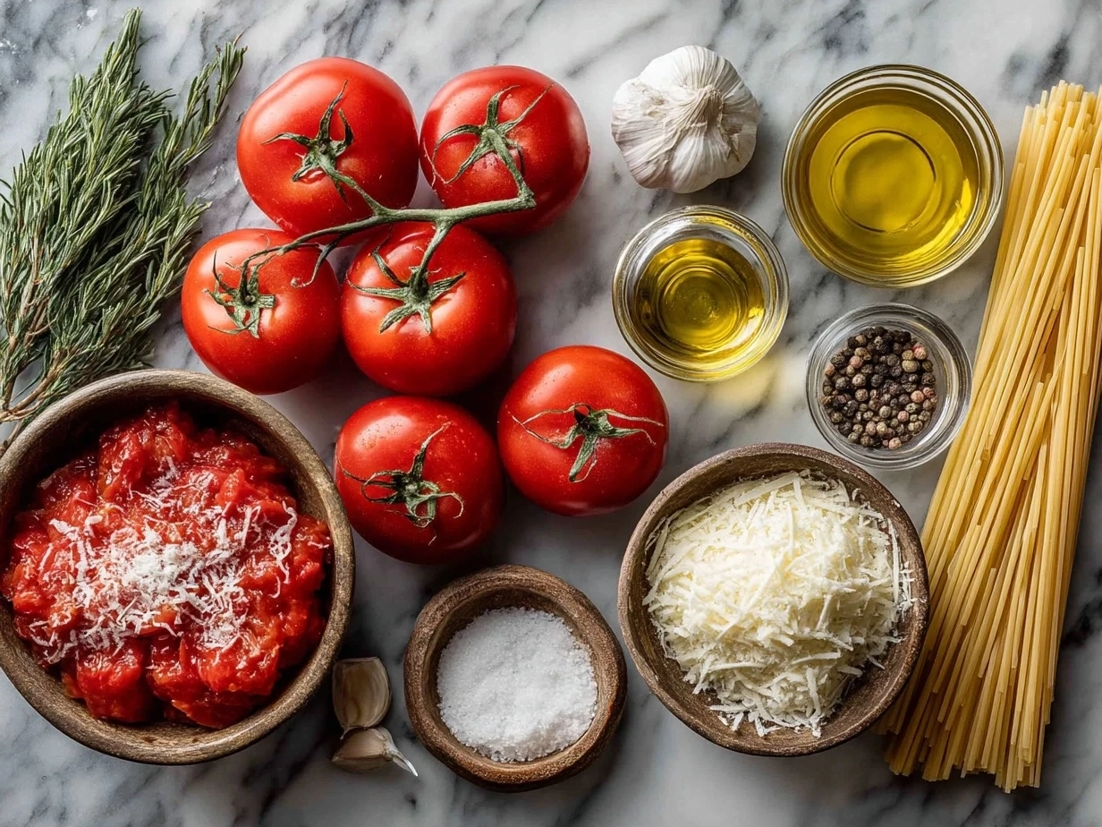 Ingredients for Tomato Garlic Pasta including fresh tomatoes, garlic, olive oil, and spaghetti