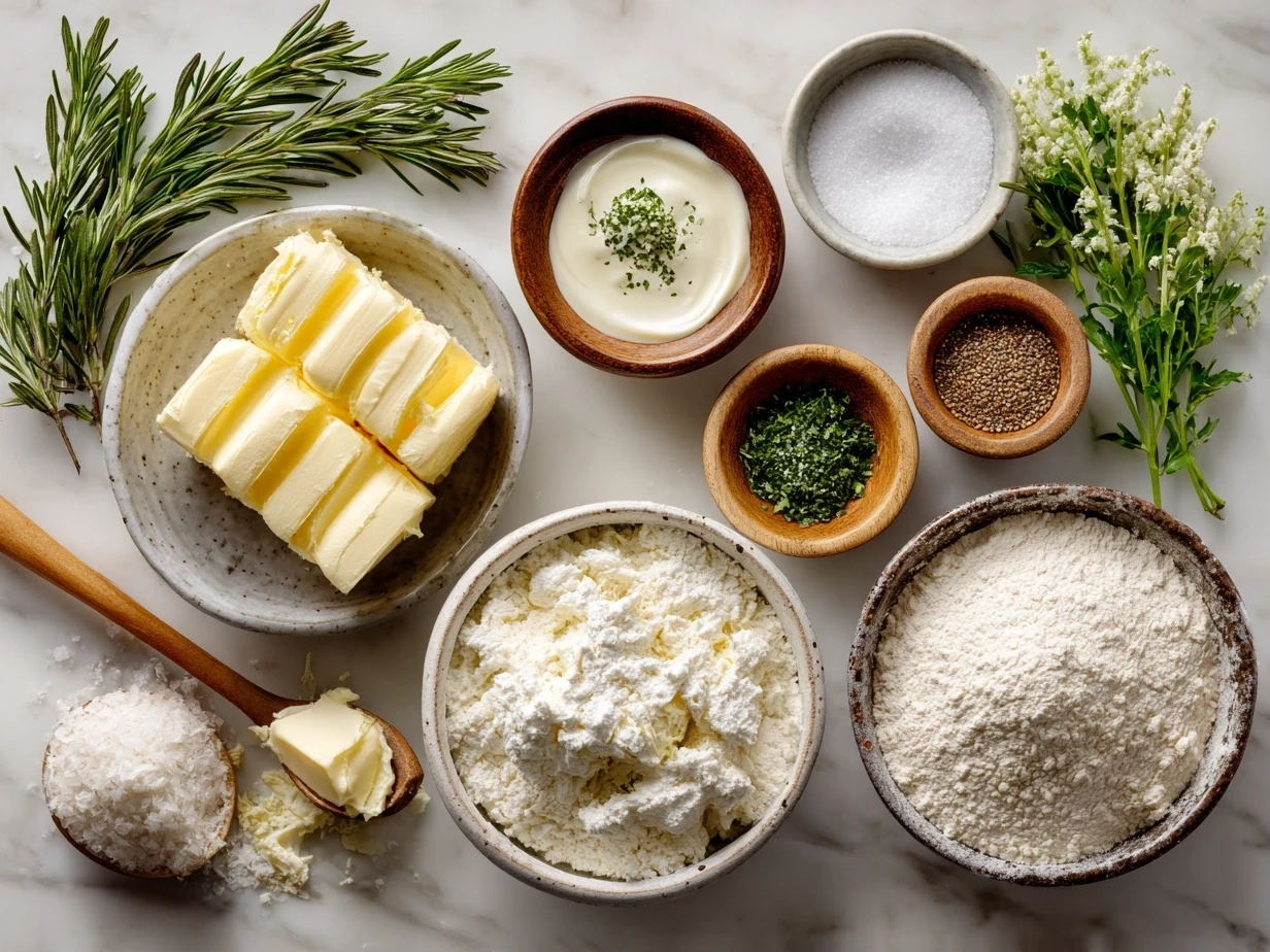Ingredients laid out for creamy horseradish sauce recipe including sour cream, horseradish, mayonnaise, Dijon mustard, lemon juice, salt, black pepper, and honey