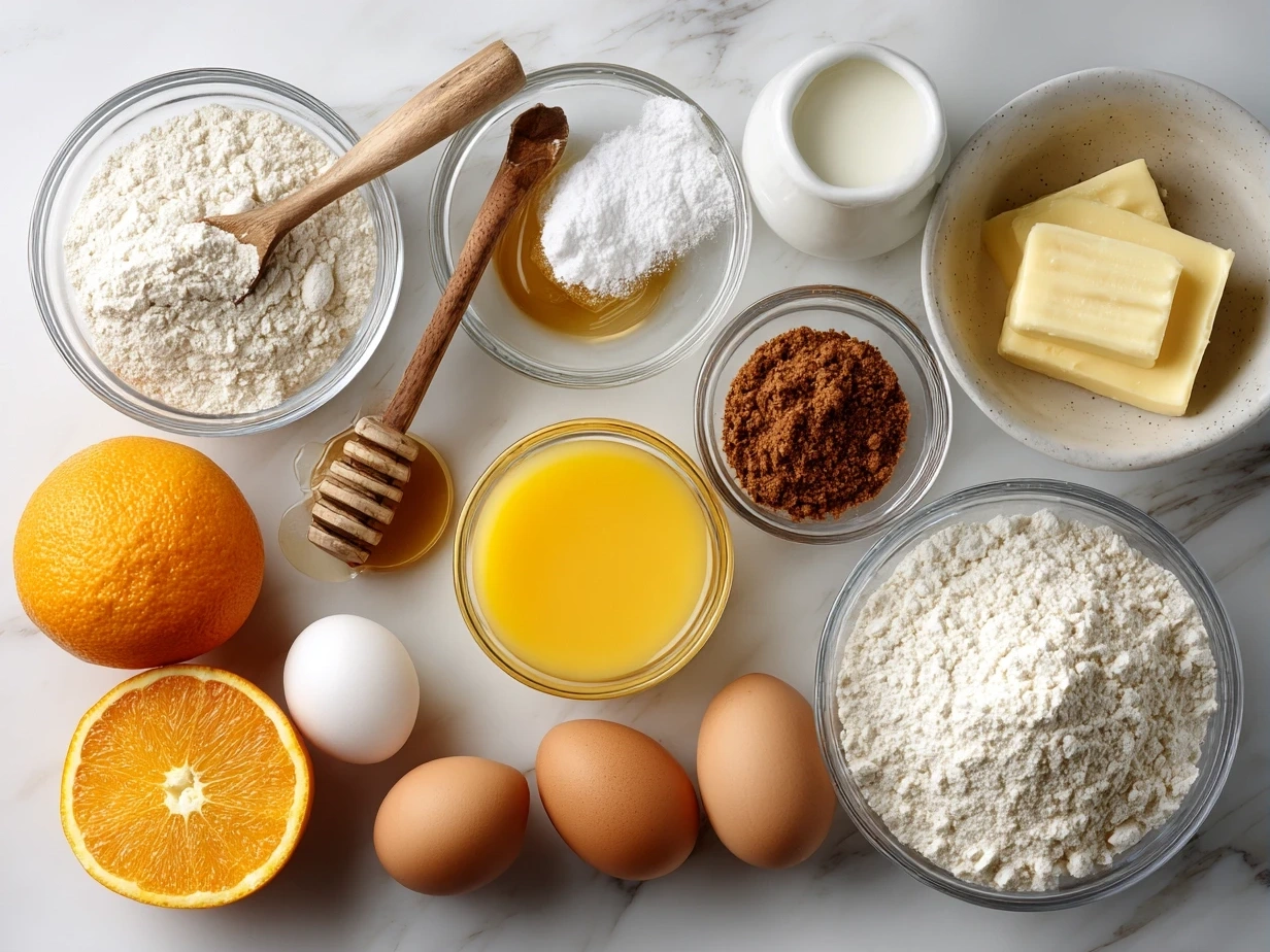 A top-down layout of the ingredients for making Christmas Cookies with Orange Juice including flour, butter, sugar, eggs, orange juice, and spices.