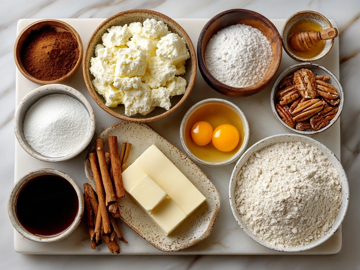 Top-down view of raw ingredients for French Toast Bake including bread cubes, eggs, milk, cream, cinnamon, nutmeg, and maple syrup.