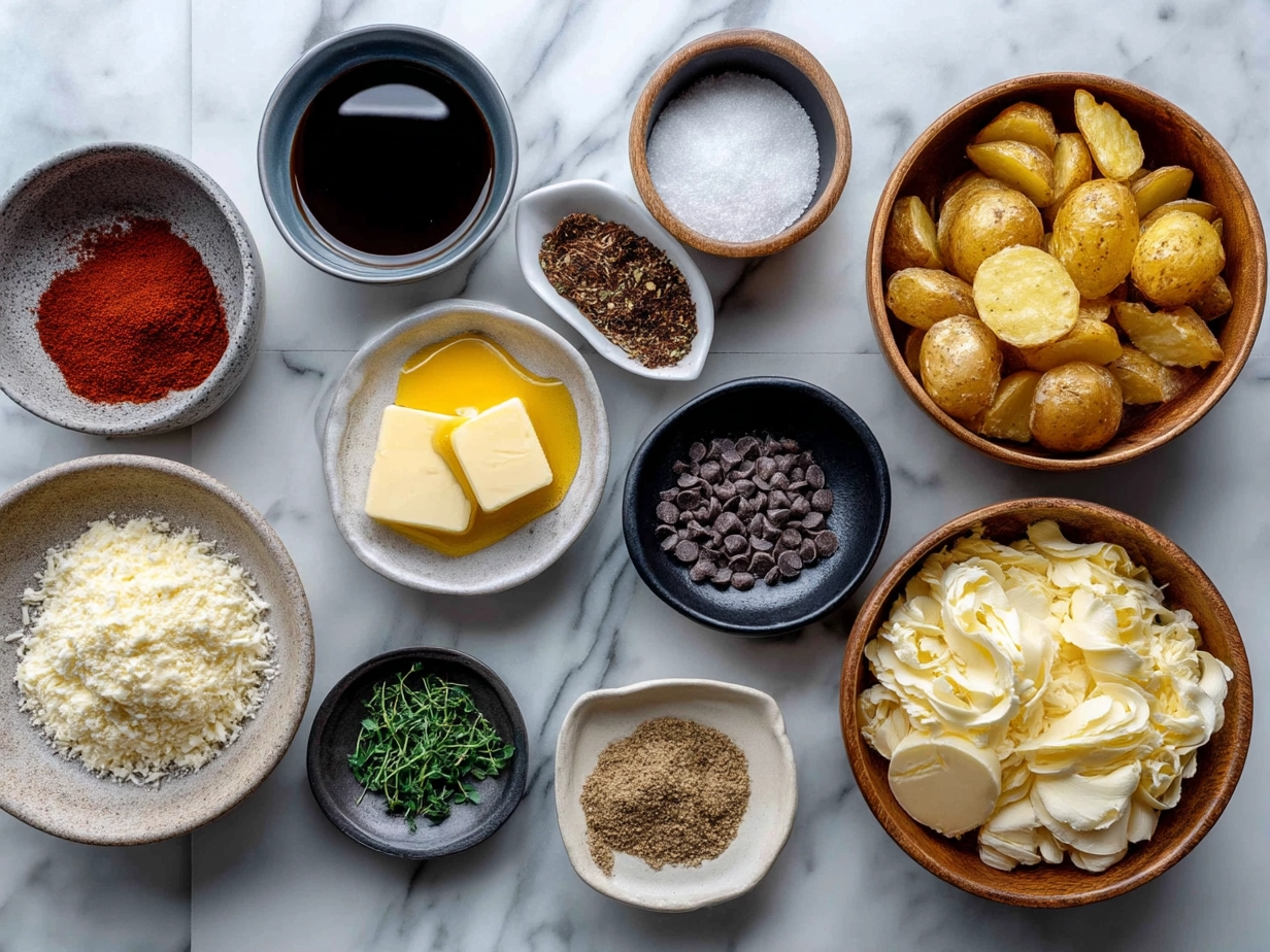 Top down view of raw ingredients for air fryer fries on marble surface