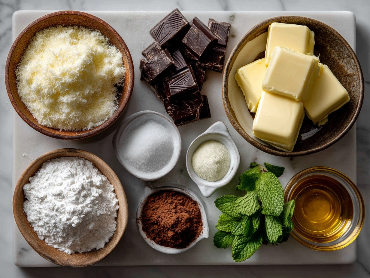 Top down view of raw ingredients for Andes Mint Mini Cheesecakes including graham cracker crumbs, butter, cream cheese, sugar, vanilla, Andes mints, and heavy cream