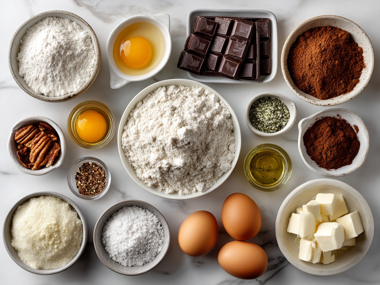 Top down raw ingredients for Belgian waffles on marble kitchen counter