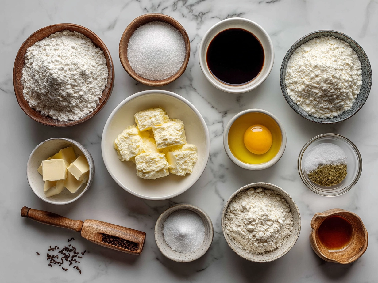 Top down view of raw ingredients for Bomboloni alla Crema on marble surface