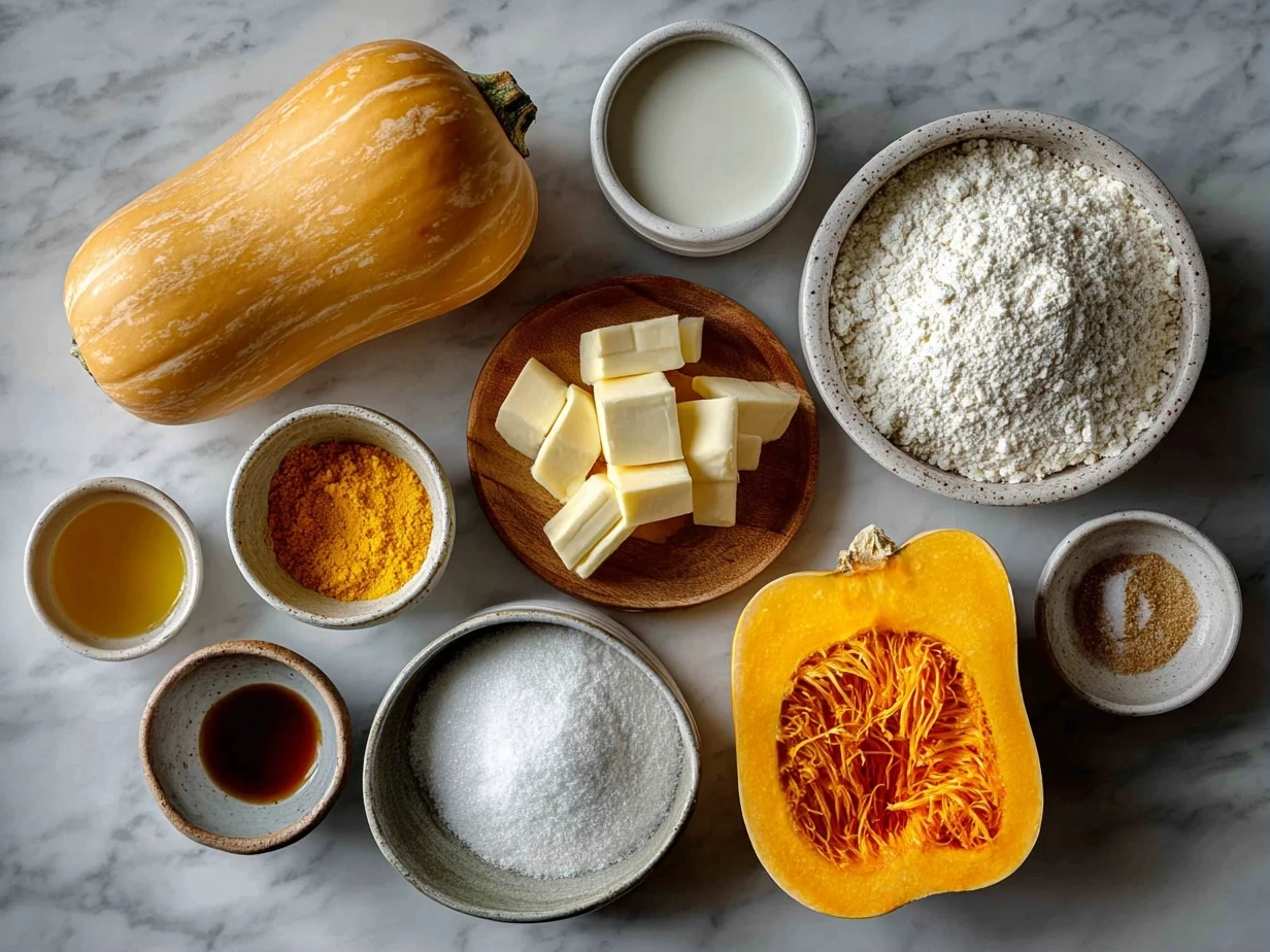 Top down image of raw ingredients for Butternut Squash Lasagna including butternut squash, cheese, spices, garlic, onion, and lasagna noodles