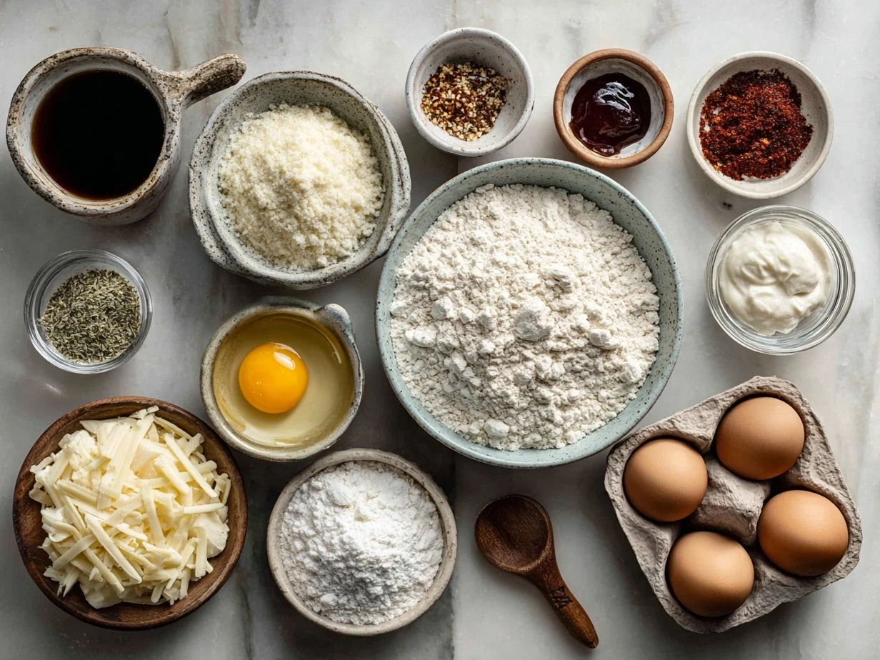 Top down view of raw ingredients for cheesy breakfast casserole including eggs, cheeses, bread cubes, onion, and bell pepper