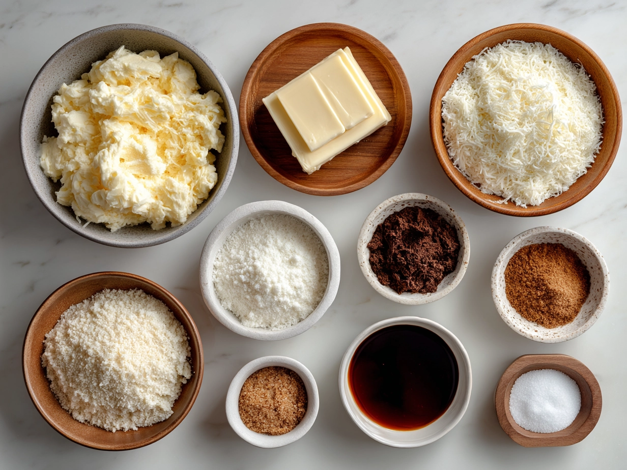 Top down shot of raw ingredients for Cheesy Funeral Potatoes on marble counter