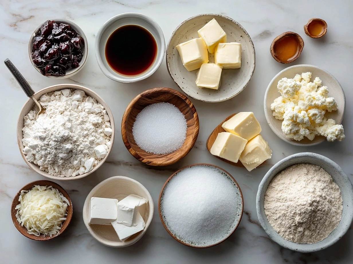 Top down view of raw ingredients for cherry blossom cookies on a kitchen table