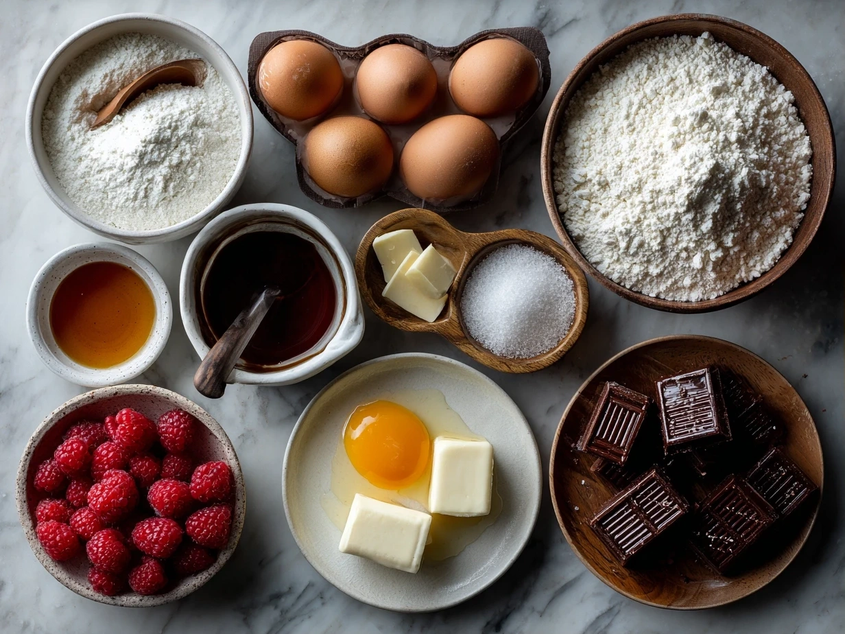 Ingredients laid out for Chocolate Raspberry Cake on marble surface
