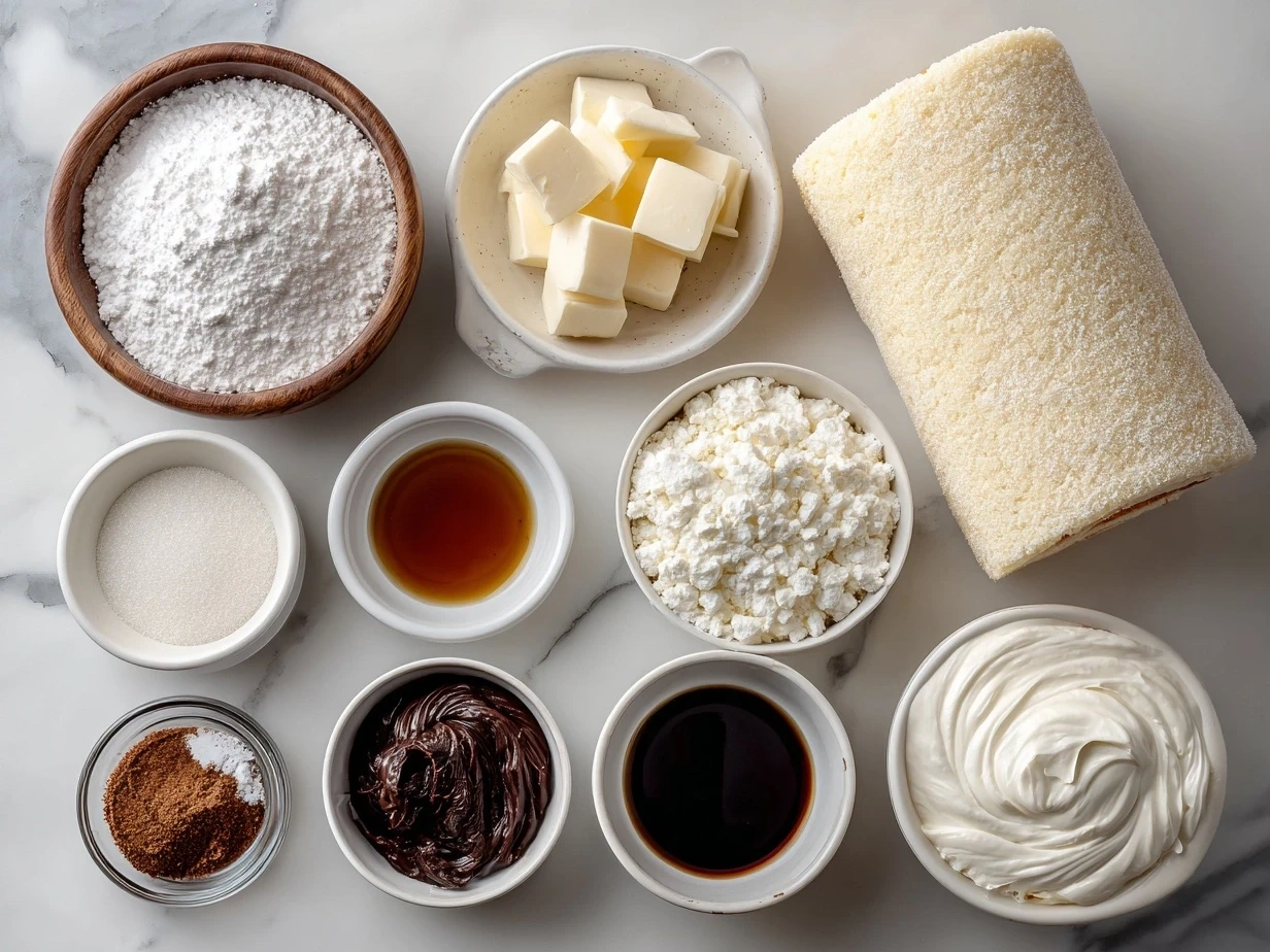 Top down view of raw ingredients for Cotton Candy Swiss Cake Roll arranged on marble surface