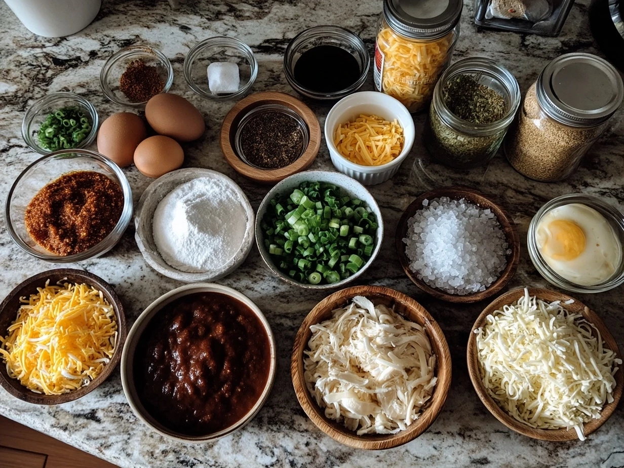 Top down view of raw ingredients for Crockpot Chicken Enchilada Casserole including chicken, black beans, corn, tortillas, and spices