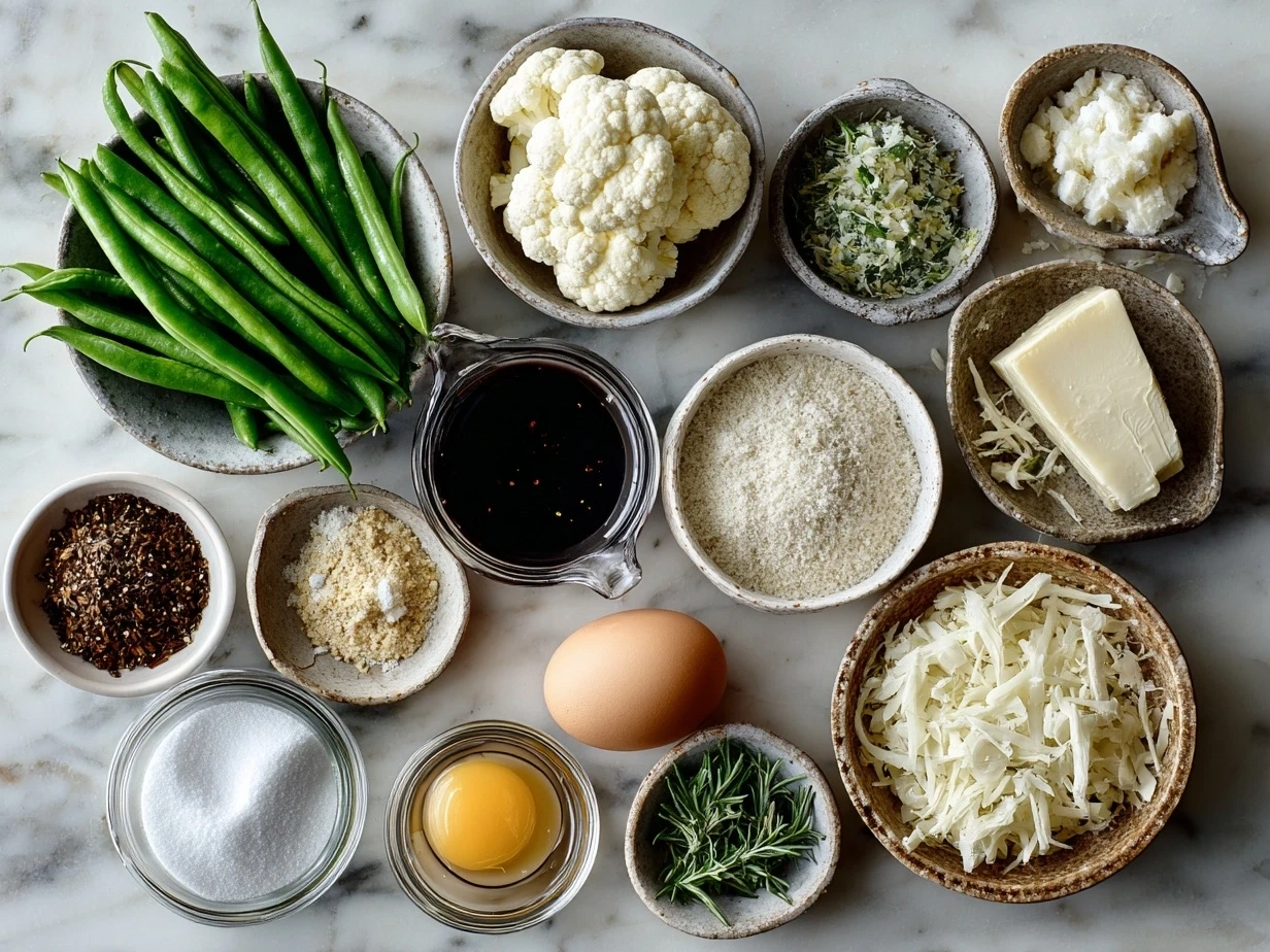Ingredients for Homemade Green Bean Casserole including fresh green beans, mushrooms, butter, and onions