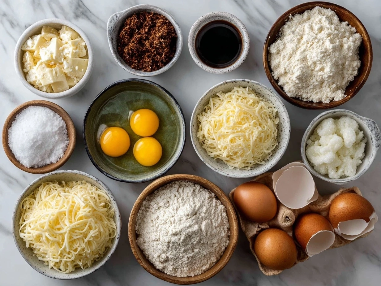Top-down view of raw ingredients for hashbrown breakfast casserole including cheese, eggs, sausage, and vegetables