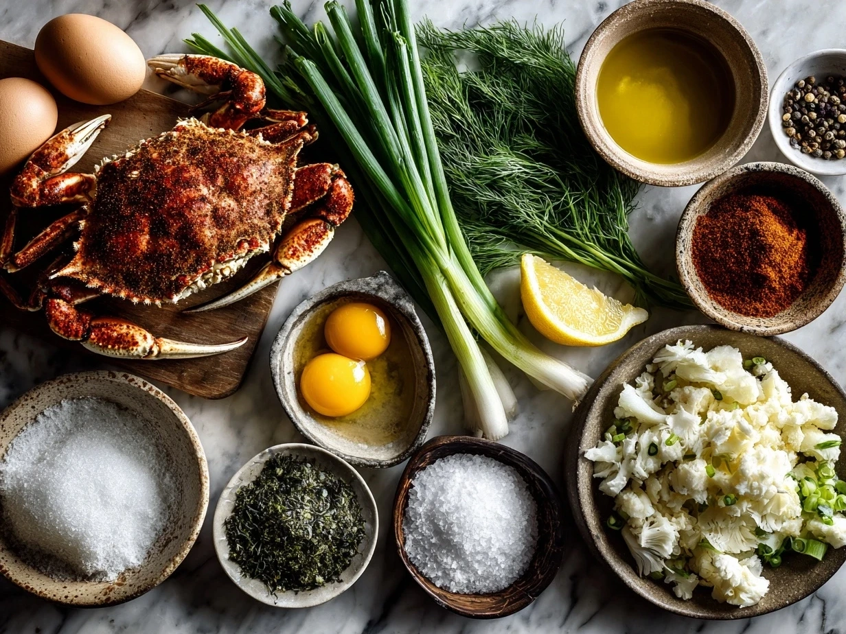 Top down view of raw ingredients for Maryland crab cakes including crab meat, eggs, Old Bay seasoning, and fresh herbs