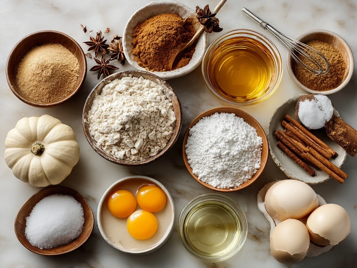 Top-down view of raw ingredients for Pumpkin Spice French Toast Casserole on marble surface