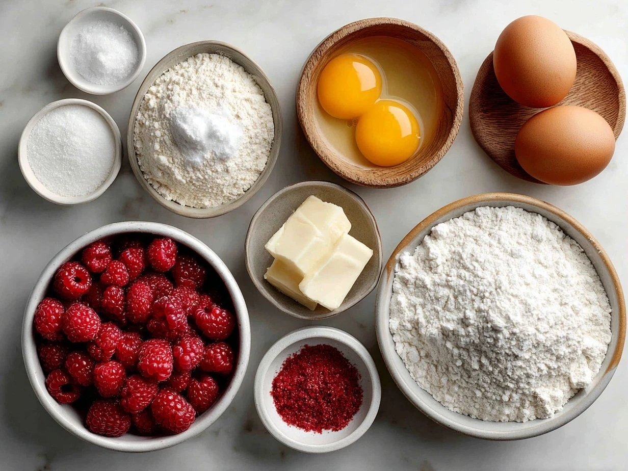 Top-down view of raw ingredients for homemade raspberry swirl shortbread cookies laid out on marble surface