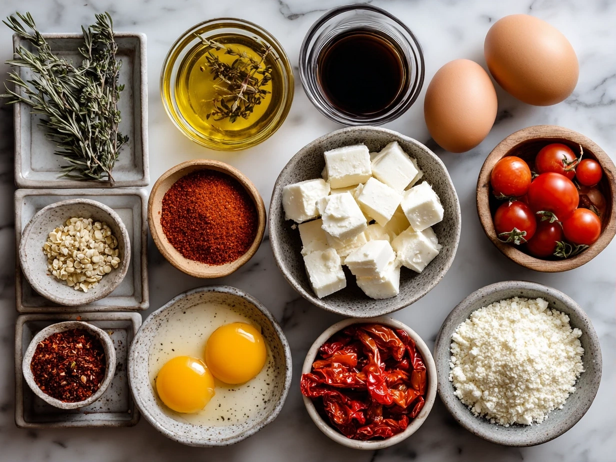 Raw ingredients for Roasted Red Pepper Gouda Soup including roasted red peppers, onion, garlic, vegetable broth, smoked Gouda, and spices