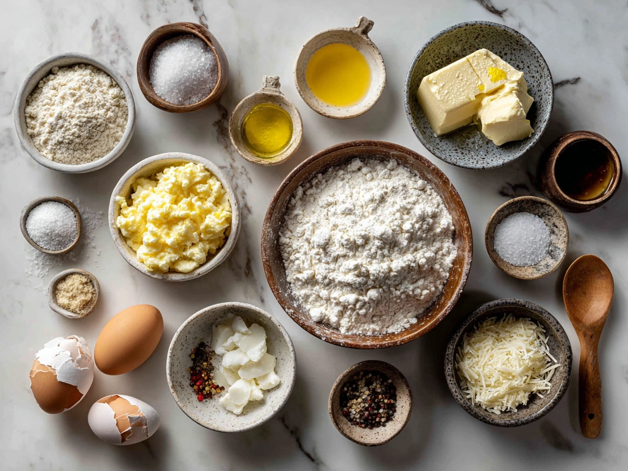 Top-down view of raw ingredients for scalloped potatoes including potatoes, garlic, butter, milk, cream, and cheddar cheese