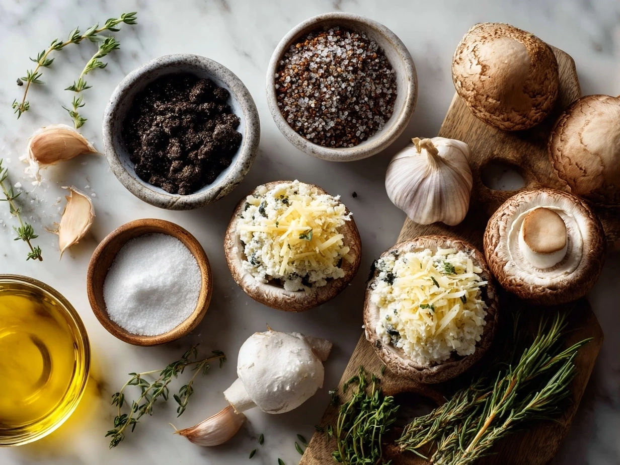 Top-down view of raw ingredients for stuffed mushrooms including fresh herbs, cream cheese, Parmesan, garlic, spinach, and mushrooms