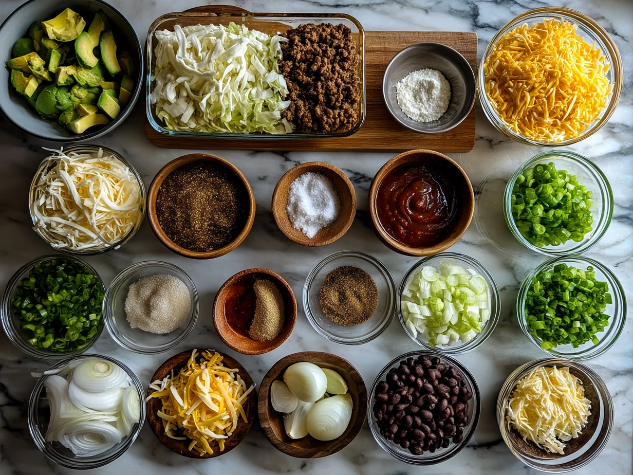 Top down view of raw ingredients for Taco Casserole on marble countertop, arranged in a clean, organized mise en place with fresh spices and vegetables