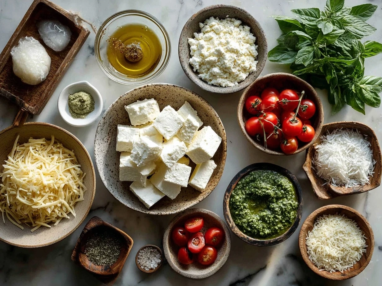 Top down raw ingredients for TikTok Baked Feta Pasta with Pesto on marble