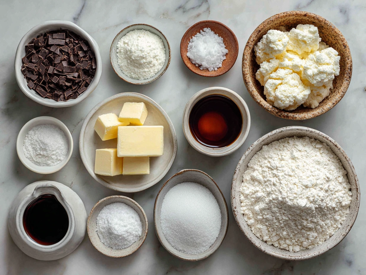 Ingredients for Valentine Sugar Cookies laid out from fresh butter and eggs to dry mixes