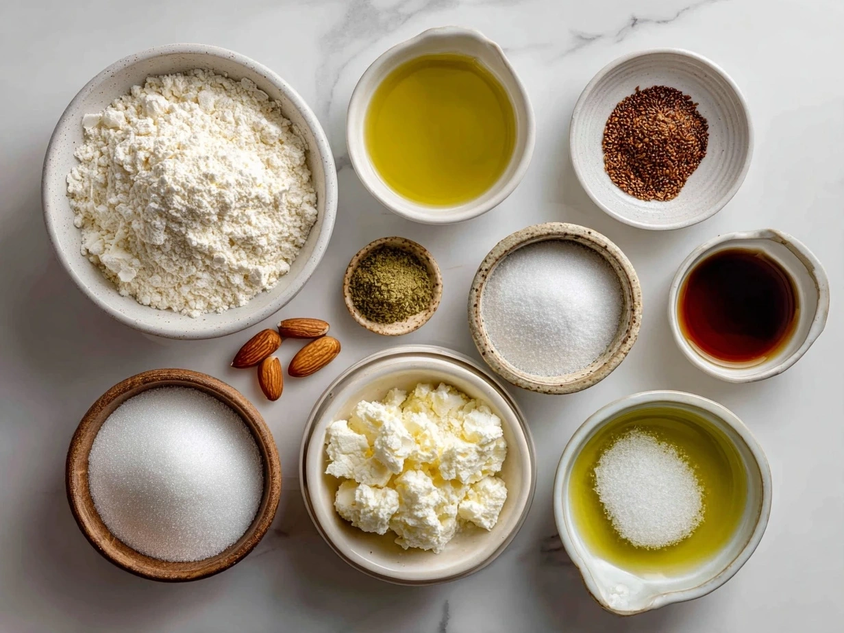 Top-down view of raw ingredients for White Almond Cake on a wooden table