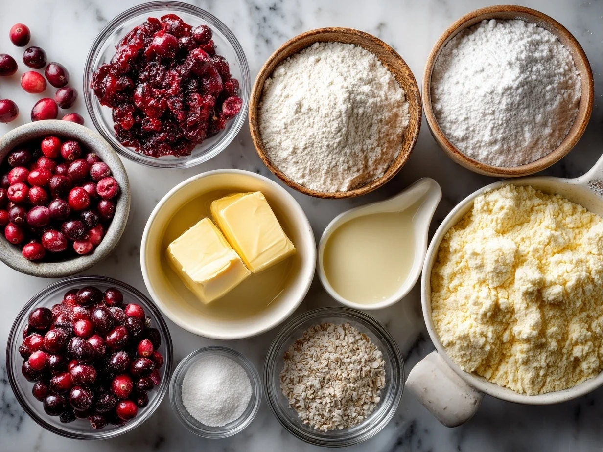 Overhead view of all ingredients for cranberry orange bread with glaze.