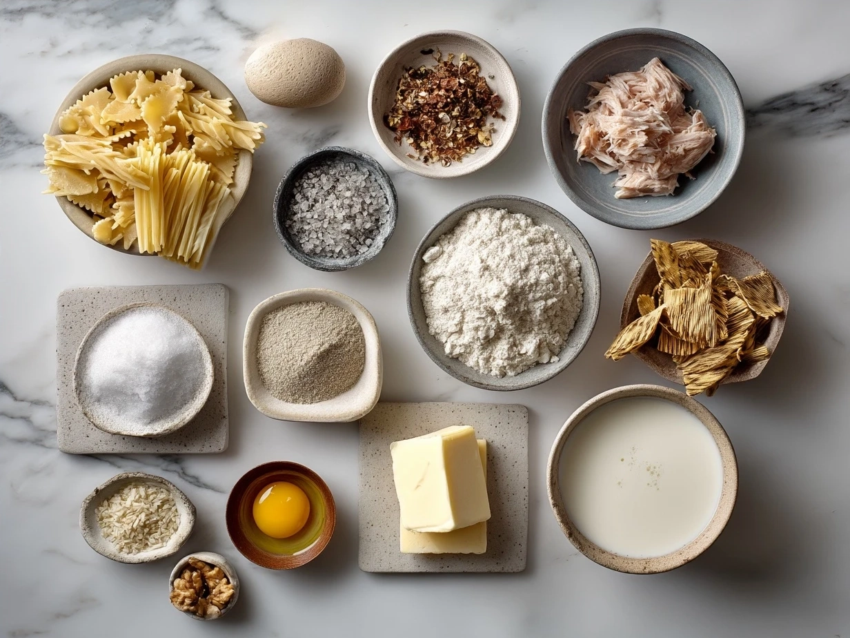 Ingredients for Tuna Noodle Casserole on a kitchen counter