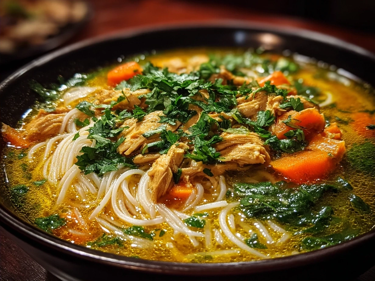 Bowl of Turmeric Ginger Chicken Noodle Soup garnished with fresh herbs, ready to serve and enjoy