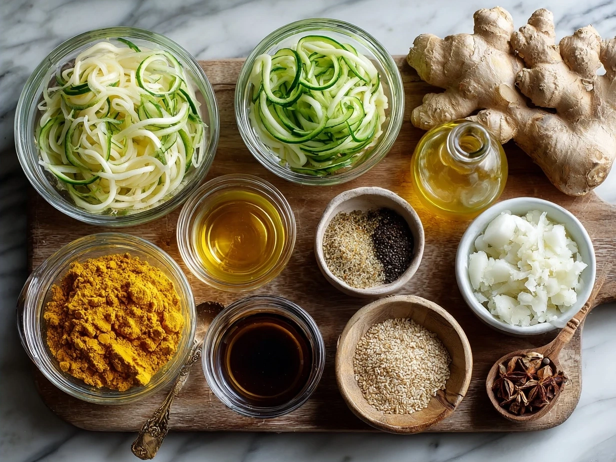 Ingredients for Turmeric Ginger Chicken Noodle Soup including olive oil, onion, garlic, ginger, turmeric, cumin, chicken broth, chicken, carrots, celery, noodles, lemon, and fresh herbs