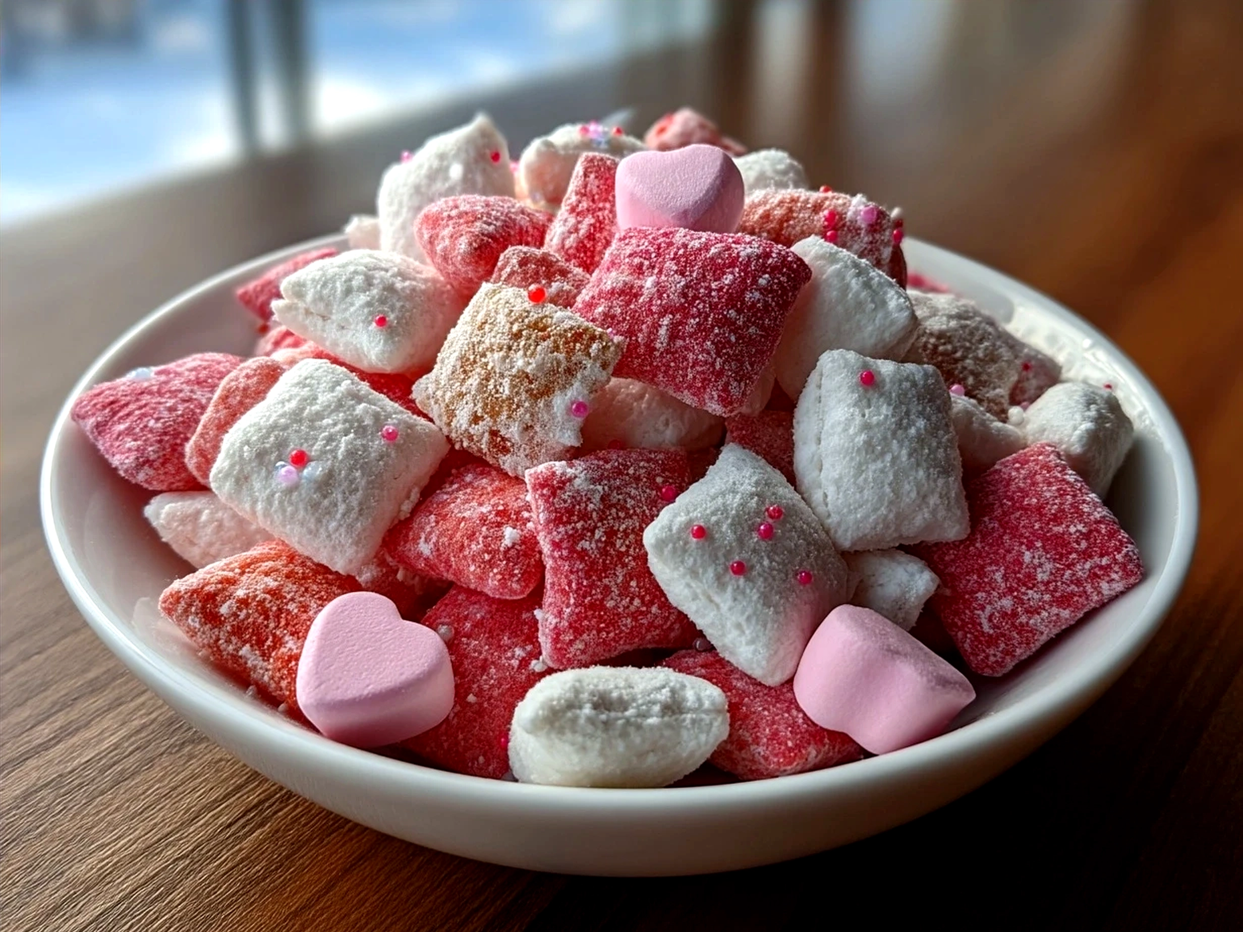 Freshly made Valentines Day Muddy Buddies in a serving bowl ready to enjoy