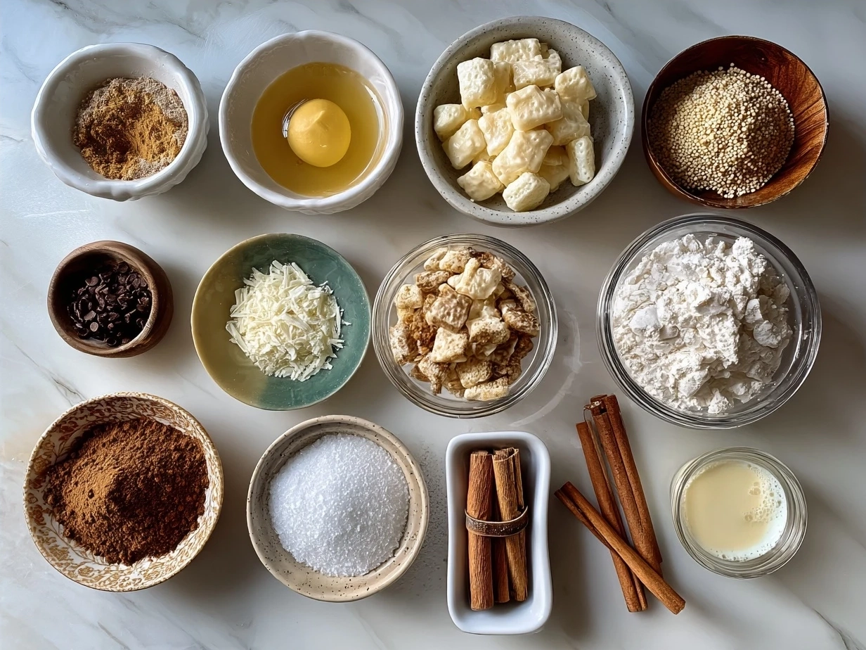 Ingredients for Valentines Day Muddy Buddies laid out on a kitchen counter