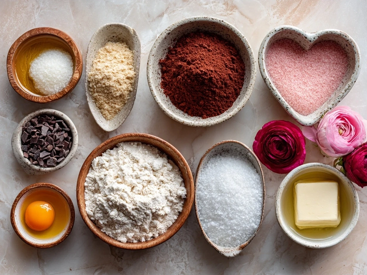 Ingredients for Valentines Mini Heart Cakes Recipe including flour, sugar, cocoa powder, and cream cheese