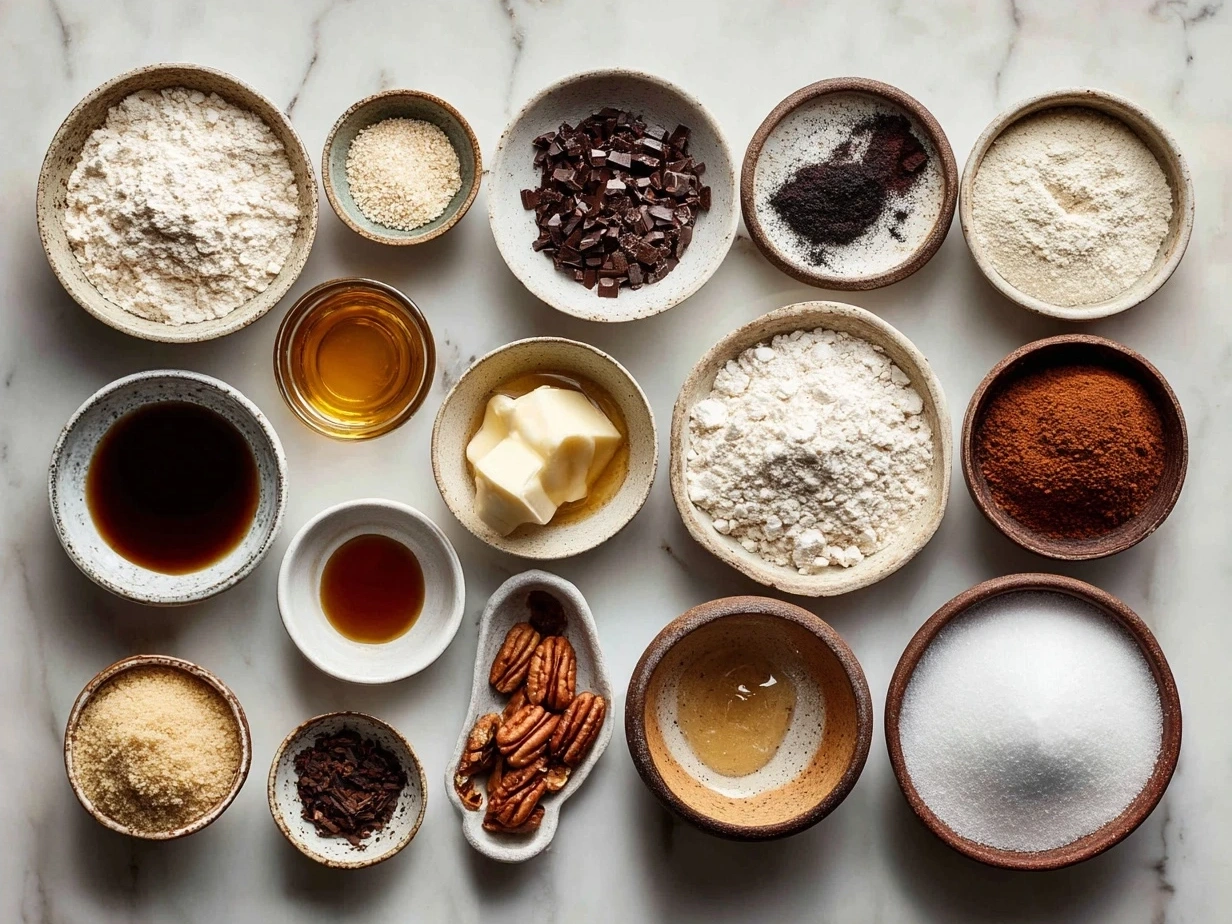 Ingredients for Vanilla Pecan Pralines including sugars, milk, butter, pecans, vanilla and salt