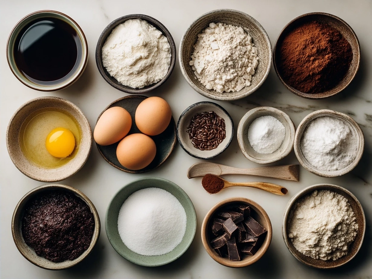 Ingredients for Vegan Brownies including flour, cocoa powder, coconut sugar and almond milk
