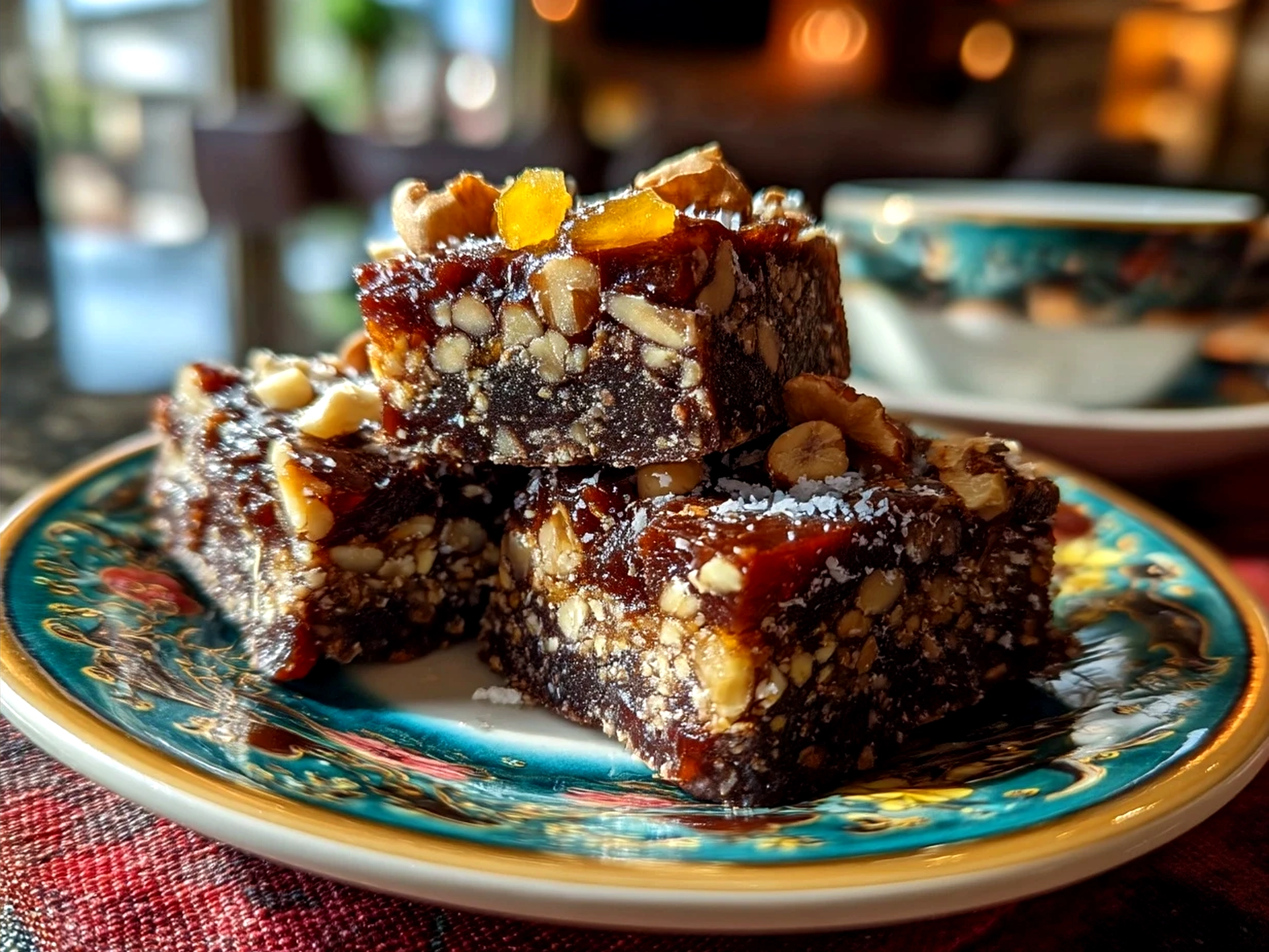 Freshly cut Vegan No-Bake Brownies with Dates Nuts on a wooden platter